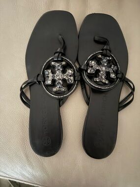 Tory Burch Black Leather Jeweled Miller Logo Toe-Loop Sandals